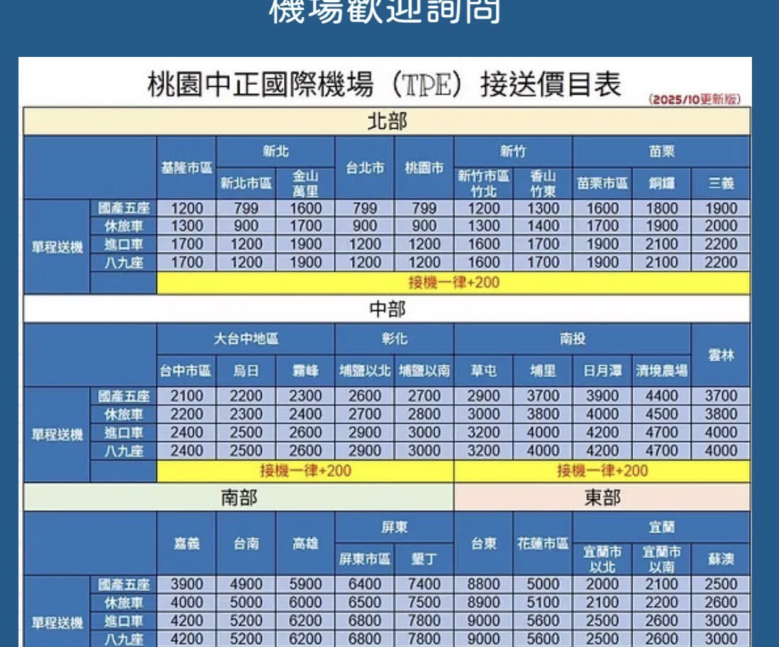 桃園機場接送價目表